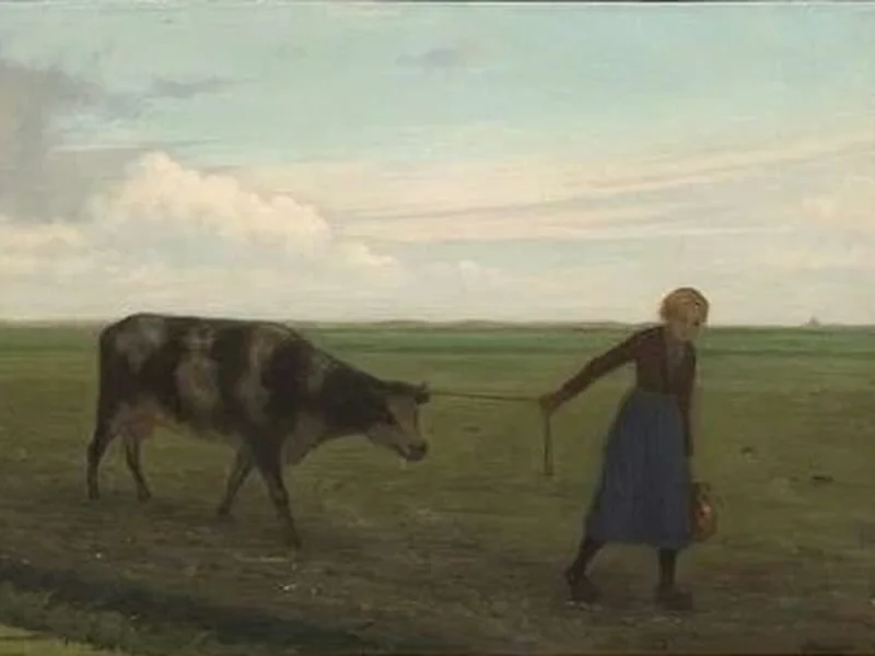 1877-Wilhelm Frederik Anton Pothast - In un vasto paesaggio, la moglie di un contadino conduce la sua mucca attraverso il prato